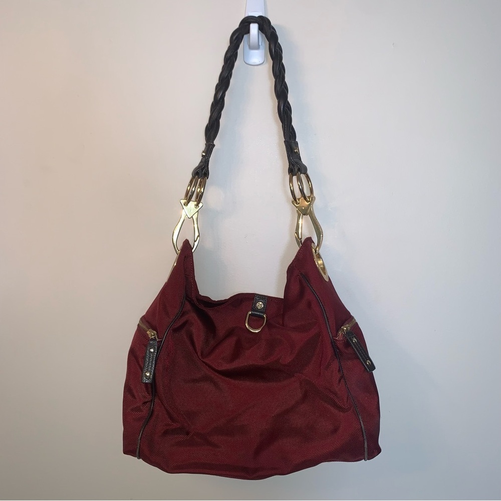 Elegant Red Hobo Bag with Gold Details